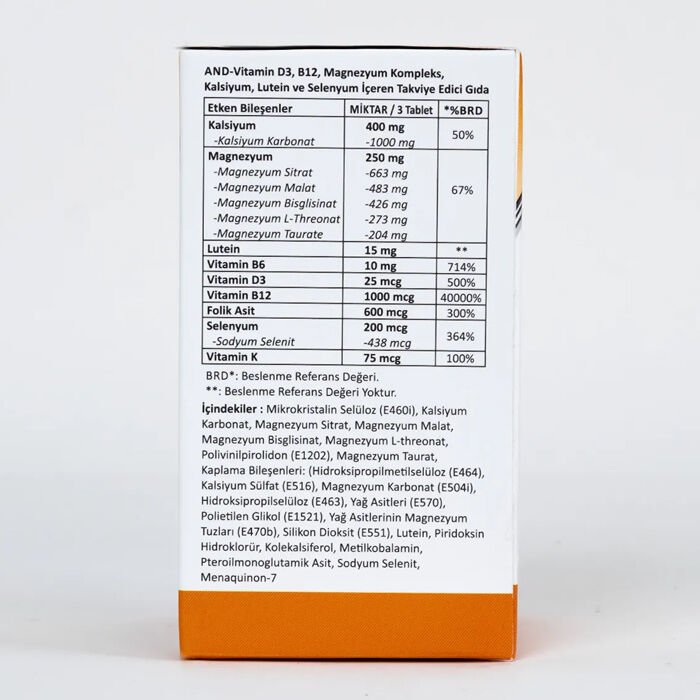 AND Vitamin mineral magnezyum 5li formu D3-K2-B12 folik asit selenyum lutein kompleks